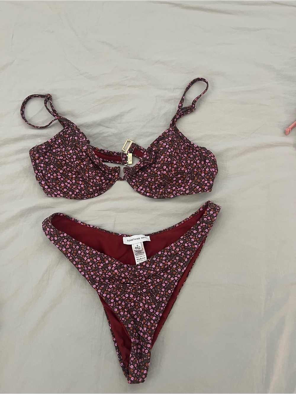 Something Navy Floral Bikini Set in Maroon with Pink Accents